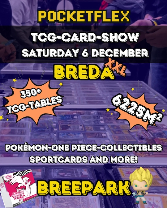 Voorkant van de Pocketflex flyer met een beurs op 6 december in Breda